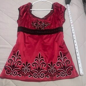 Heart and Soul red silky blouse with black velvet designs